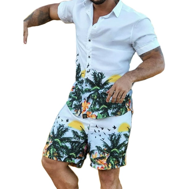 Men's 2PCS T-Shirt Shorts Suit Short sleeve Beach Slim Fit Printed Floral New D 